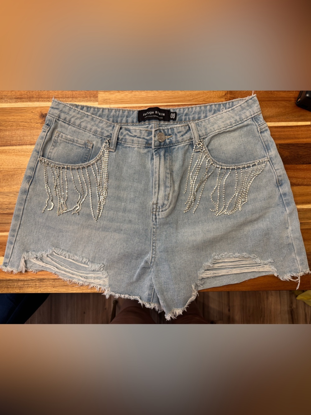 Light Wash Rhinestone Fringe Denim Shorts